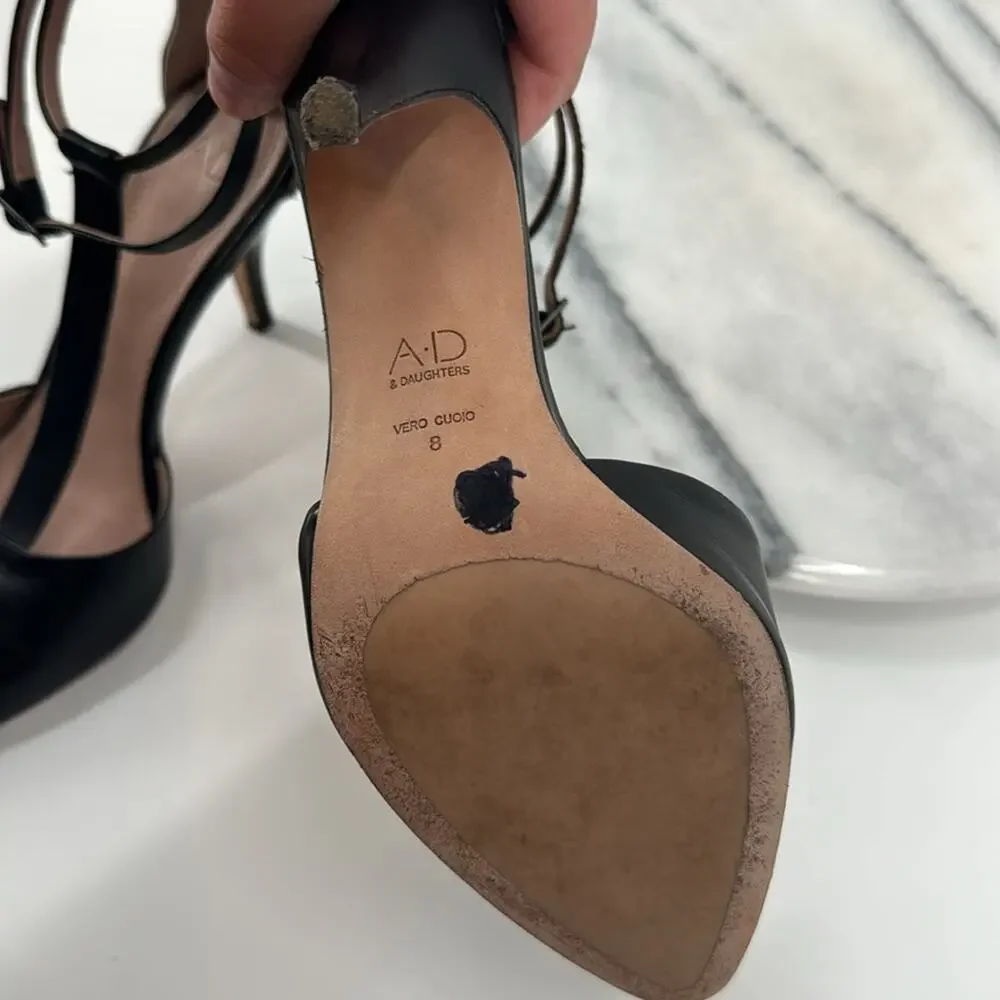 Ad & Daughters ankle strap black leather pointed toe heels